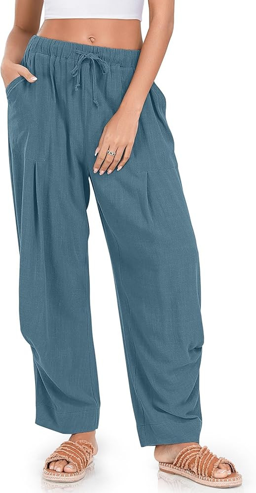 TARSE Women Linen Baggy Harem Pants Summer Drawstring Casual Lounge Pant 2026 Beach Travel Vacati... | Amazon (US)