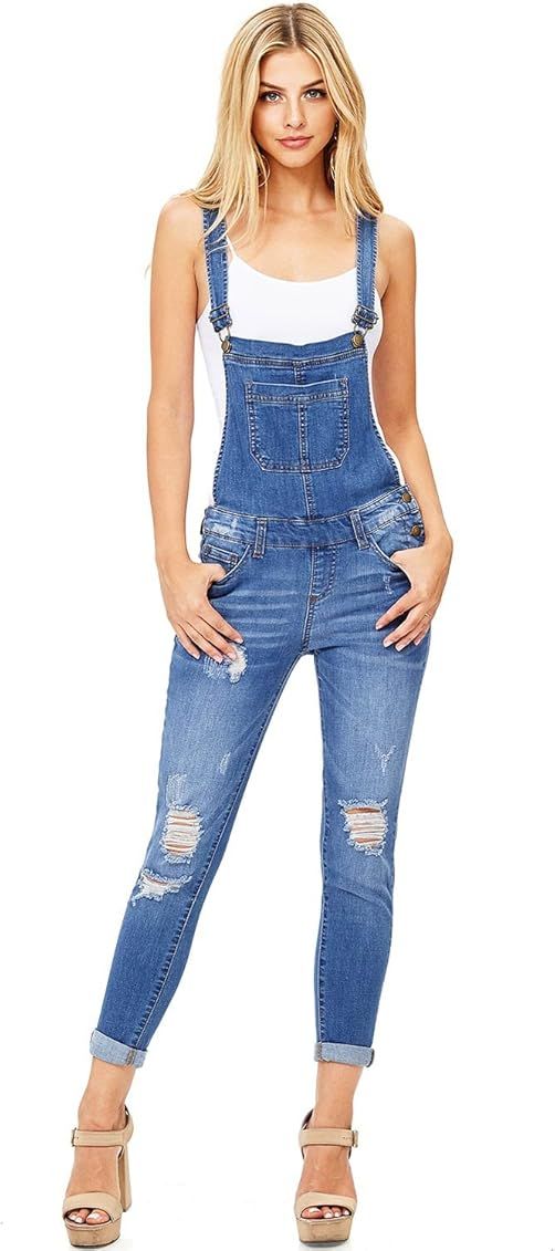 Amazon.com: Wax Women's Juniors Ankle Length Skinny Leg Denim Overalls, Medium Denim, Small : Clothi | Amazon (US)