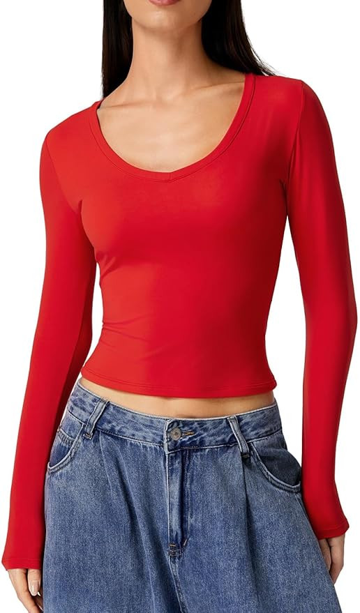 QINSEN Women Double Lined Fitted Basic T Shirts V Neck Long Sleeve Crop Top | Amazon (US)