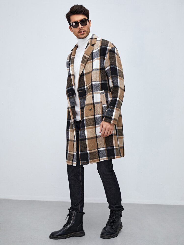 SHEIN Men Plaid Lapel Neck Double Breasted Overcoat | SHEIN