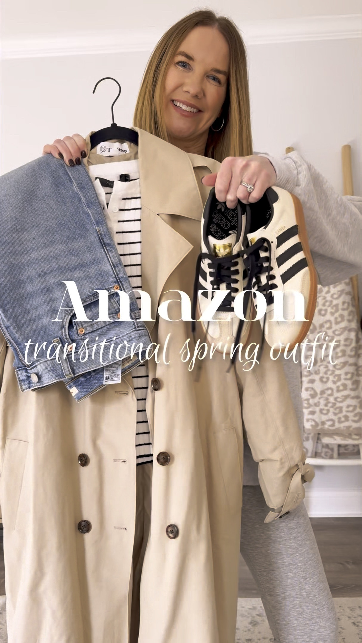 Can you believe everything here is from Amazon?! I absolutely love how this easy spring outfit came together. This striped henley feels very spring-liketeed me. It has a soft ribbed texture and I sized down to a small. And I love how a trench coat instantly elevates any outfit and gives it that French girl chic aesthetic A #amazonoutfit #amazonfashion #amazoninfluencer #frenchaesthetic

Spring outfit idea, elevated casual style, how to style a trench coat, trench coat outfithed chic mom outfit, Adidas sambas, Levi's wife leg jeans, casual chic

#LTKOver40 #LTKSeasonal #LTKWatchNow