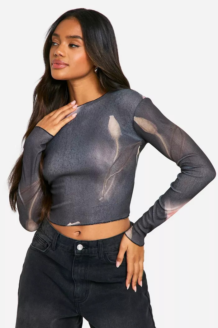 Printed sheer mesh long sleeve top | boohoo (US & Canada)