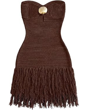 WDIRARA Women's Metal Fringe Hem Knitted Tube Dress Cut Out Layered Mini Boho Dresses | Amazon (US)