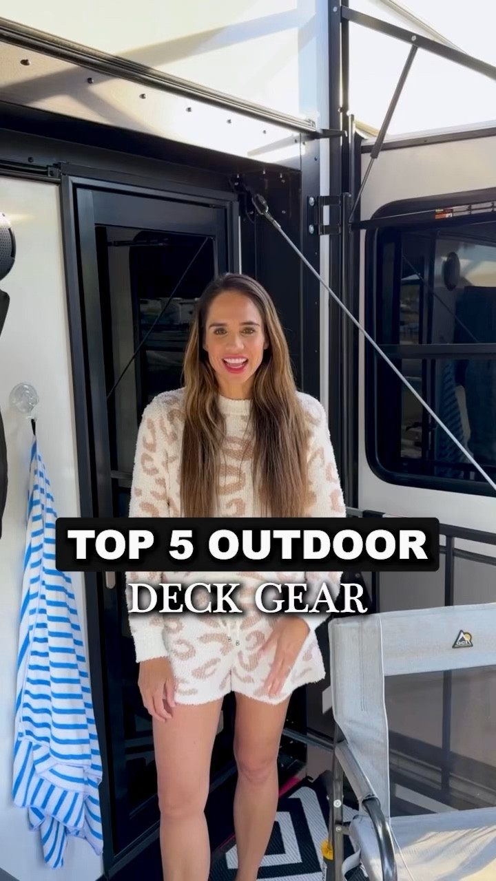 Top 5 Outdoor Deck/Patio Gear! Every time we get to a new campsite we set up these items immediately whether they’re on our deck or next to our camper! We keep buying more of these rocking chairs because the kids just love them so much too! I love the outdoor mat because it makes the space feel more homey, is weatherproof and is much more comfortable to sit on for the kids to play. The towel hooks have been a life saver after pool and beach days! And the Yeti is hands down our favorite cooler ever! The TV cover is always on, of course 😊 #outdoordecor #camping #glamping 

#LTKHome #LTKVideo #LTKTravel