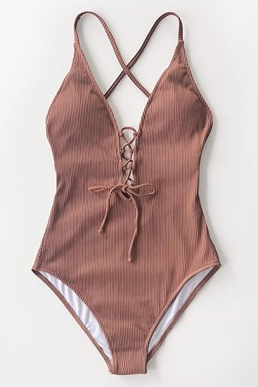 CUPSHE Women's Solid Color V neck Lace Up One Piece Swimsuit | Amazon (US)