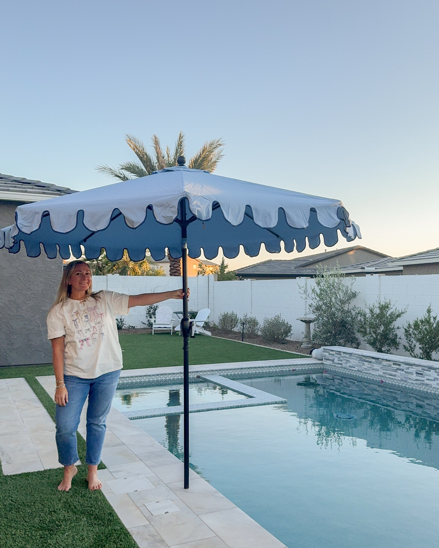 The cuuuutest 9 foot blue scalloped umbrella from Walmart! Perfect for your pool or patio! 

#LTKHome #LTKSeasonal