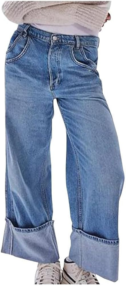 Women Boyfriend Wide Leg Casual Denim Pants, Mid Rise Cuffed Hem Baggy Jeans Streetwear Fashion T... | Amazon (US)