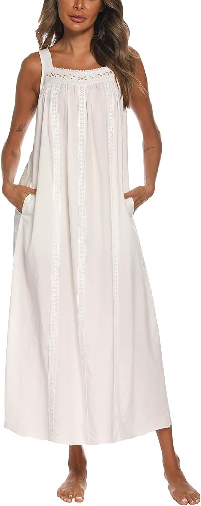 YOZLY Cotton Nightgowns for Women Embroidery Sleeveless Night Gown with Pockets S-XXL | Amazon (US)