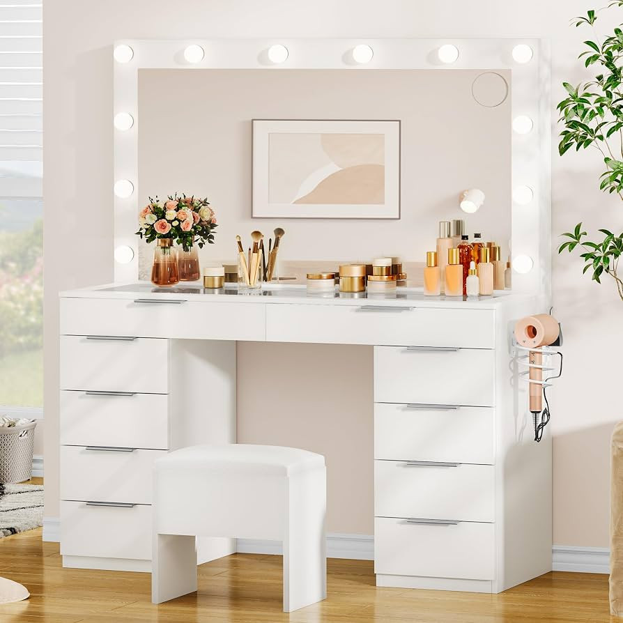 DWVO 10-Drawer Vanity Desk with Glass Top, Makeup Vanity Set with Expansive Mirror & Power Hub, L... | Amazon (US)