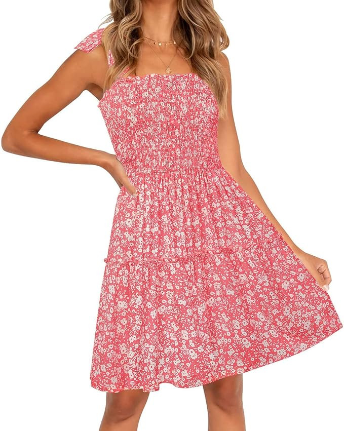 ZESICA Women's Summer Boho Floral Printed Spaghetti Strap Square Neck Ruffle A Line Swing Beach M... | Amazon (US)