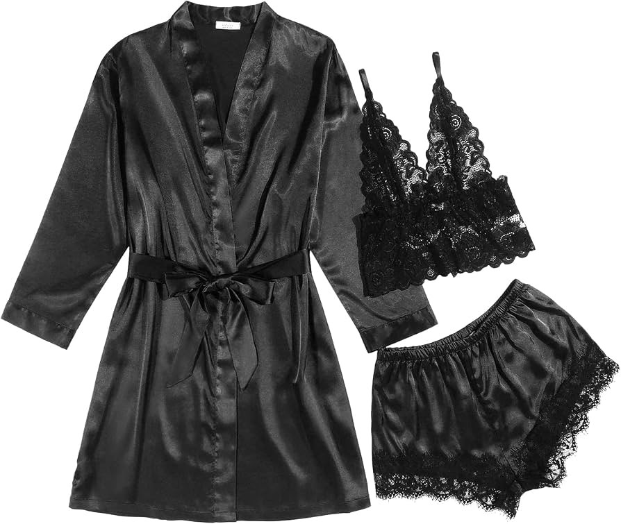 eshion Women's Sleepwear 3Pcs Satin Silk Floral Lace Trim Cami Pajama Set with Robe | Amazon (US)