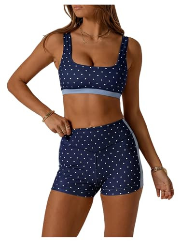 SOLY HUX Polka Dots Workout Sets for Women 2 Piece Yoga Outfits Sports Bra High Waist Biker Shorts Activewear Tracksuit Dark Blue Polka Dots Large | Amazon (US)