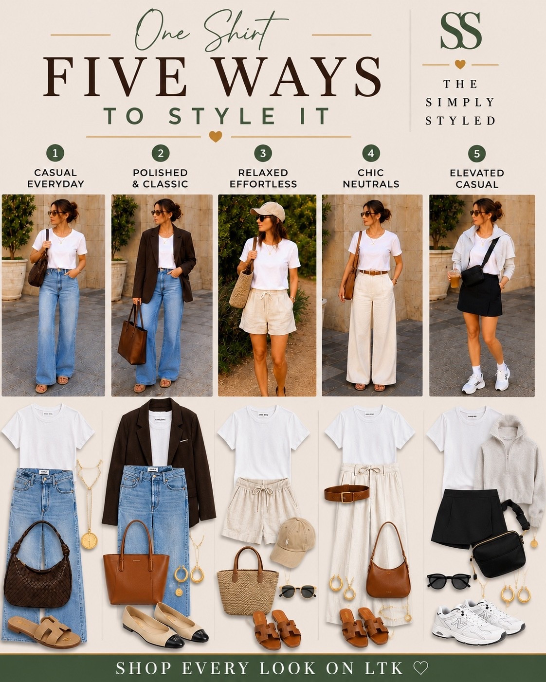 5 effortless ways to wear a classic white tee 🤍

This capsule wardrobe staple works with everything—from light wash wide-leg jeans and a chocolate blazer to linen shorts, tailored linen trousers, and a black skort. These are the outfit formulas I reach for over and over because they’re timeless, flattering, and easy to recreate.

Featuring:
✨ White crewneck t-shirt
✨ Light wash denim jeans
✨ Chocolate brown blazer
✨ White linen trousers
✨ Linen shorts
✨ Black skort
✨ Neutral sandals
✨ White sneakers
✨ Everyday handbags
✨ Gold jewelry essentials

Perfect for summer outfits, casual chic style, elevated basics, capsule wardrobe outfits, travel outfits, mom style, neutral fashion, and everyday fashion inspiration.

#capsulewardrobe #whiteteeoutfit #summerstyle #everydayoutfits #neutralstyle #elevatedbasics #casualchic #fashionover30 #fashionover40 #ltkstyle #outfitideas #minimalstyle #classicstyle #wardrobeessentials #summercapsulewardrobe

#LTKootd