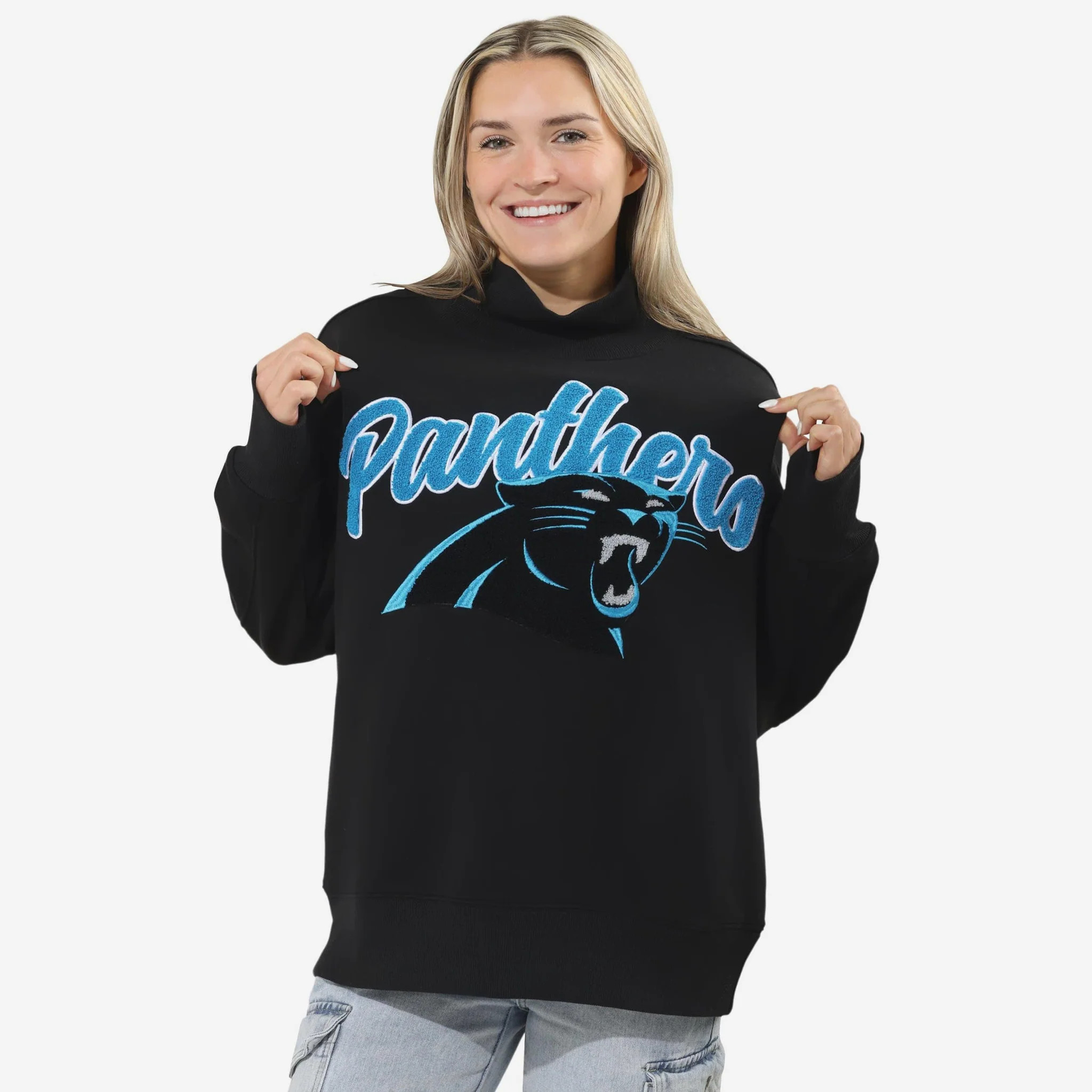 Carolina Panthers Chenille Logo Oversized Mockneck Sweatshirt | FOCO inc