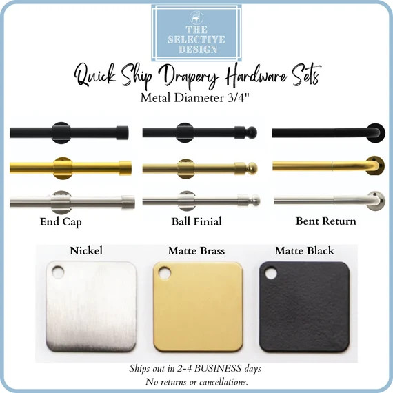 Metal Quick Ship Drapery Hardware Set, Matte Brass/Nickel/Matte Black, Curtain Rods, Finials, Bra... | Etsy (US)