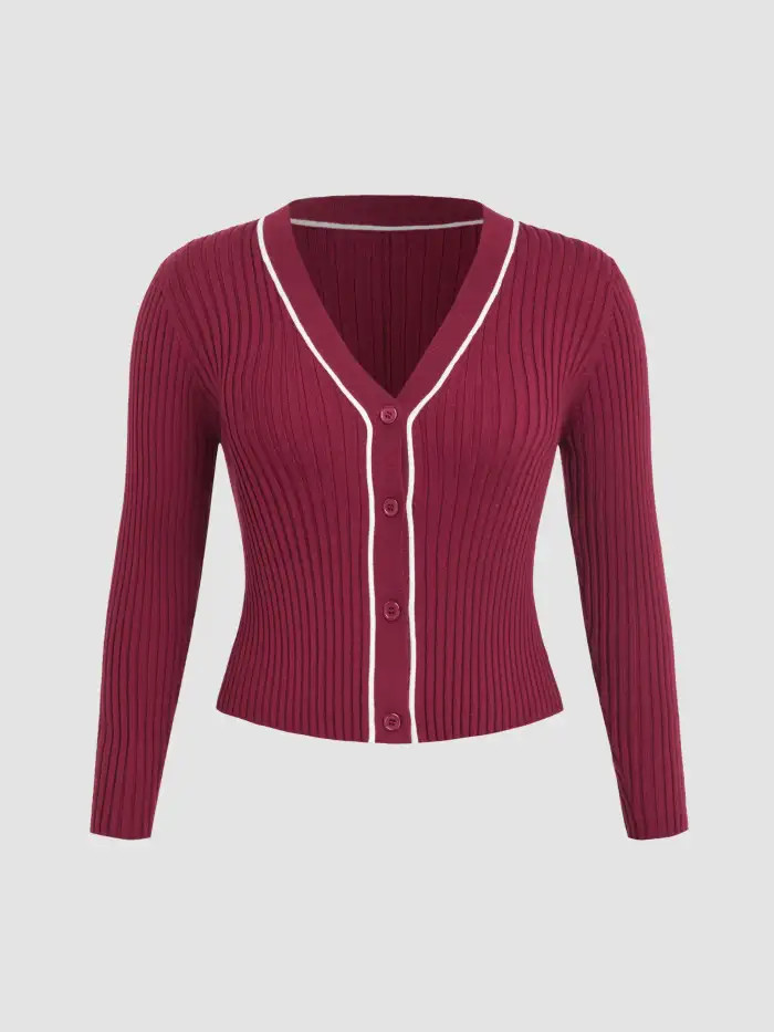 V-neck Rib Knit Button Cardigan Curve & Plus... | Cider