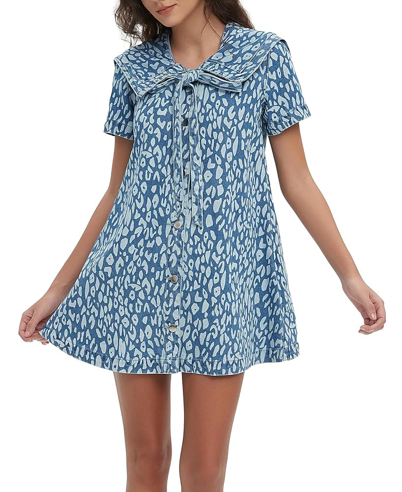 D-Sun Women's Denim Mini Dress Summer Short Sleeves Leopard Print Denim Babydoll Dress Navy Colla... | Amazon (US)