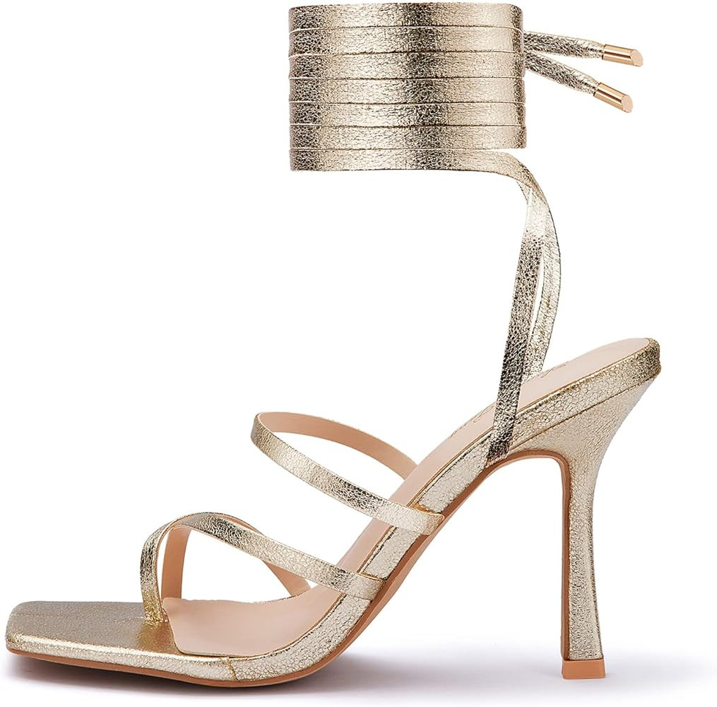 GENSHUO Women's heeled Sandals Stiletto Strappy Heels Sexy Open Square Toe Lace up Stilettos Part... | Amazon (US)