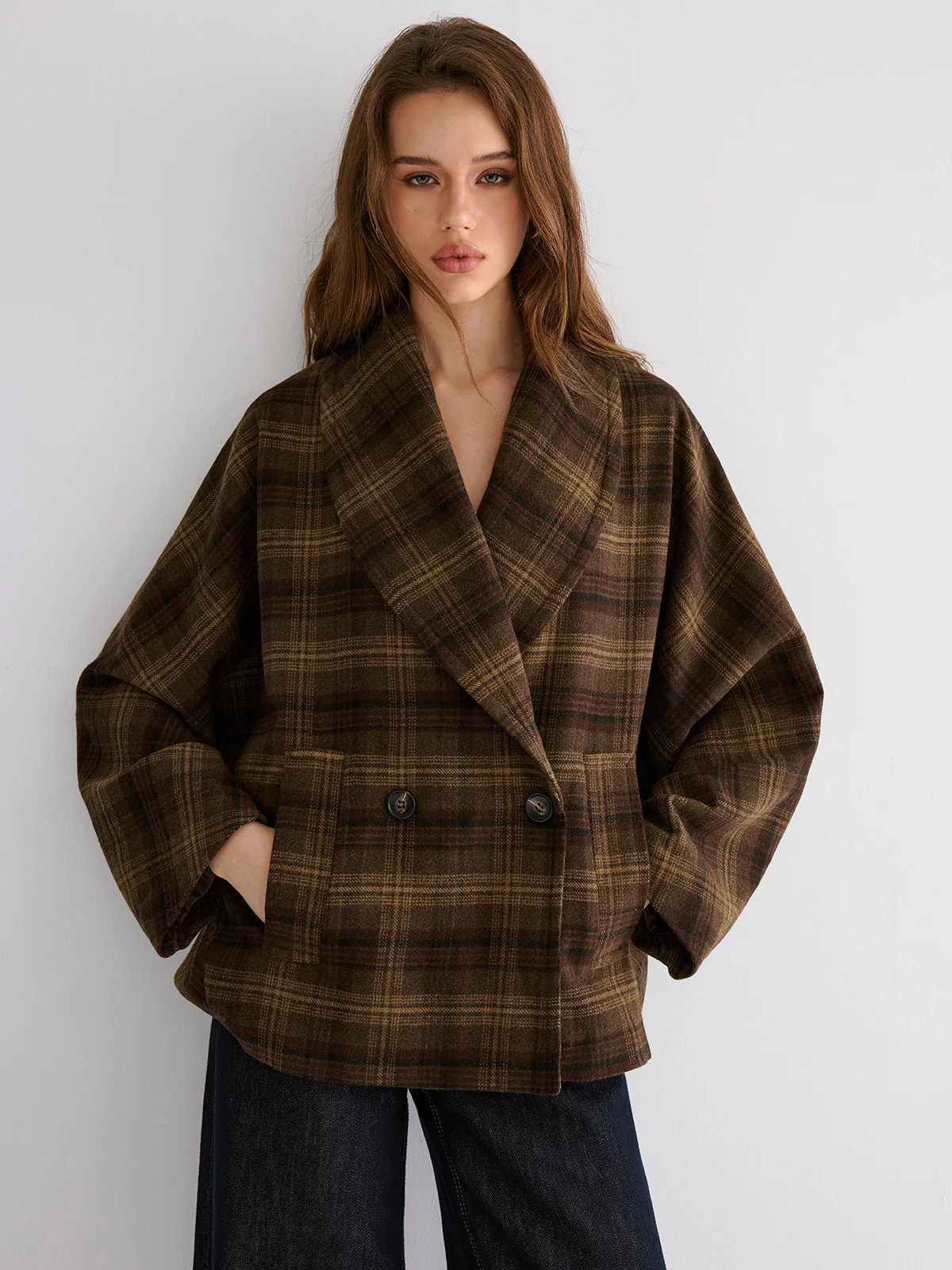 Wool-blend Gingham Loose Coat | Commense