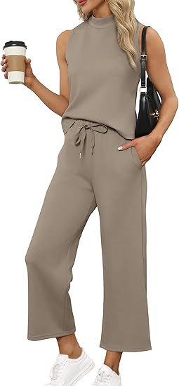 SAMPEEL Two Piece Sets for Women Summer Outfits Lounge Sets Mock Neck Tops Wide Leg Crop Pants Va... | Amazon (US)