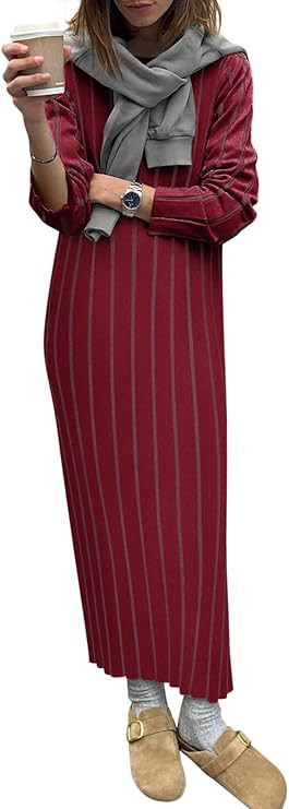 Yousify Womens 2025 Trendy Spring Long Sleeve Sweater Dresses Casual Round Neck Split Hem Striped... | Amazon (US)