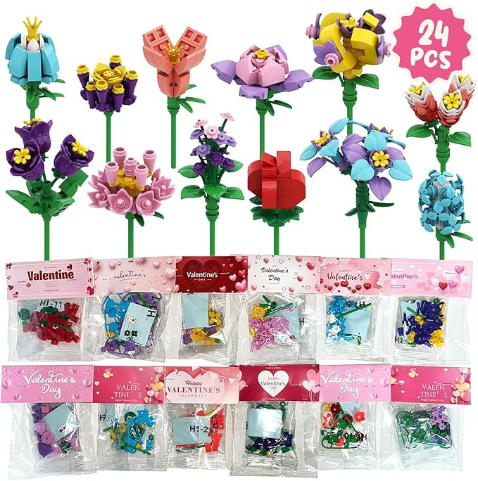 24Pcs Valentine's Day Gifts Party Favor Valentines Small Flower with Valentine Greeting Cards Bou... | Amazon (US)