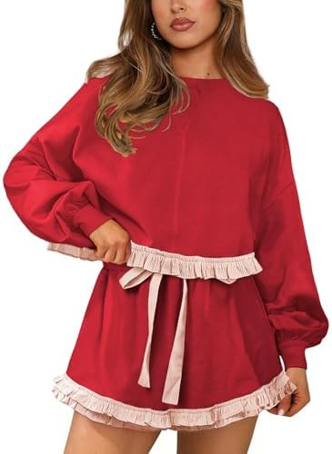 Womens 2 Piece Set Crewneck Sweatshirt Ruffle short Sets Fall Fashion cute tennis Matching Lounge... | Amazon (US)