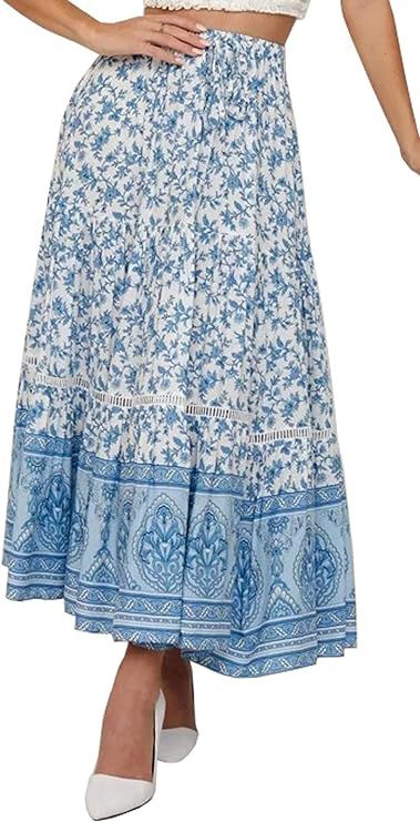 R.Vivimos Womens Summer Cotton Vintage Floral Print Boho Casual Ruffled Flowy Midi Skirt | Amazon (US)