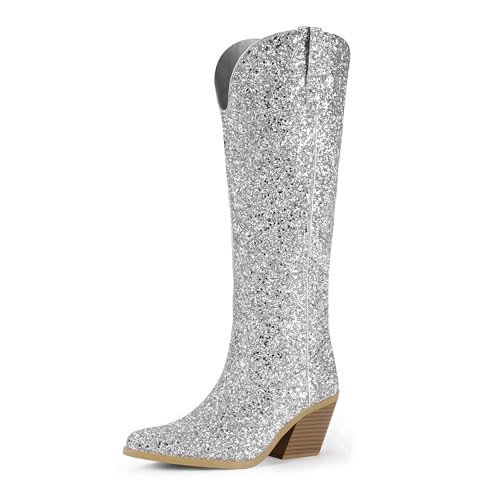 IDIFU Silver Sparkly Cowboy Cowgirl Boots for Women Knee High Tall Long Glitter Dress Low Chunky Block Heel Sequin Sparkle Wedding Party Date Bride Ladies Bling Shiny Boots (Silver, 7.5) | Amazon (US)