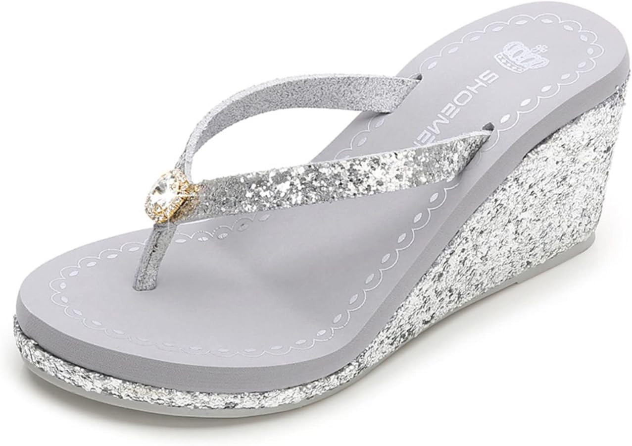 Women's Crystal Sequin Wedge Flip-Flops,Summer Arch Support Beach Slides,Non-Slip Platform Flip F... | Amazon (US)