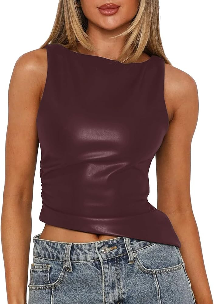 Vivitulip Women's Faux Leather Ruched Tank Top High Neck Sleeveless Cami Shirt | Amazon (US)