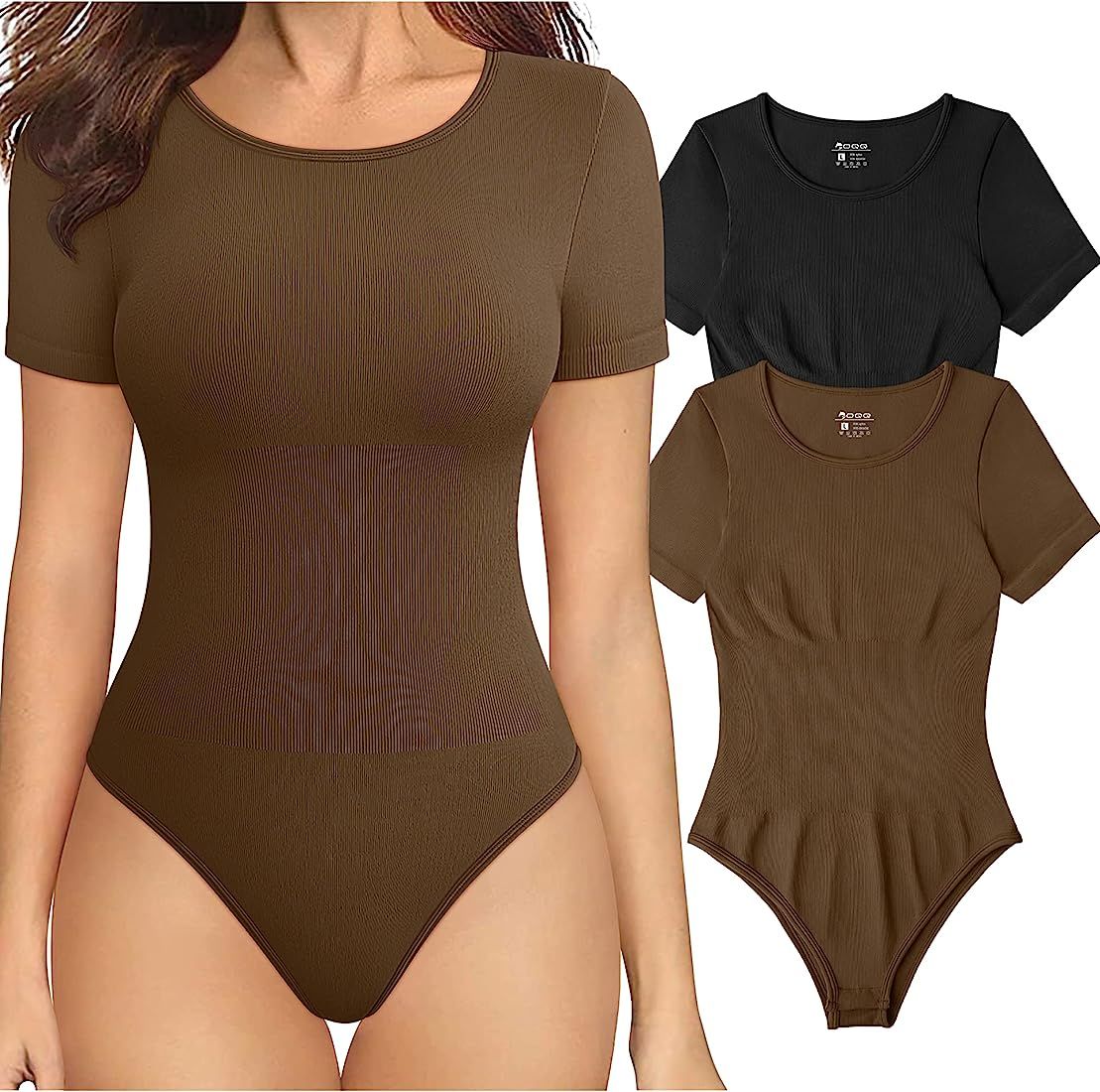 OQQ Women's 2 Piece Bodysuits Sexy Ribbed One Piece Short Sleeve Tops Bodysuits | Amazon (US)