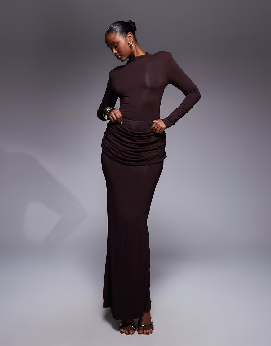 Wanderdoll Ashtin second skin drape detail maxi skirt co-ord in espresso-Brown | ASOS (Global)