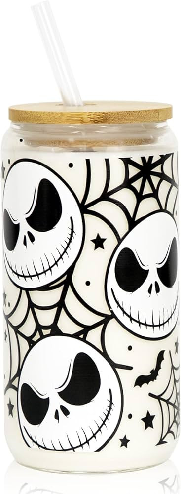 Halloween Iced Coffee Can Glass, 18oz Nightmare Halloween Glass Cup with Lid and Straw, Halloween... | Amazon (US)