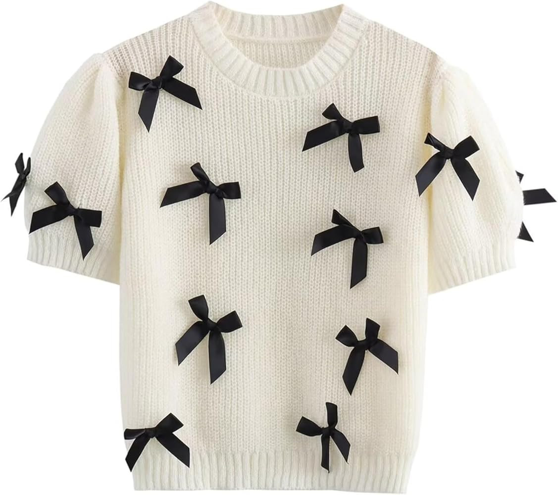 Women's Sweaters Knitted O-Neck Puff Short Sleeve Pullover Tops Casual Bow Knitwear T Shirts Blou... | Amazon (US)