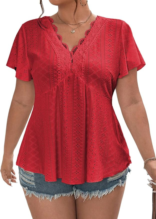 Eytino Womens Plus Size Tops Lace Crochet V Neck Short Sleeve Eyelet Blouse Loose Casual Summer P... | Amazon (US)