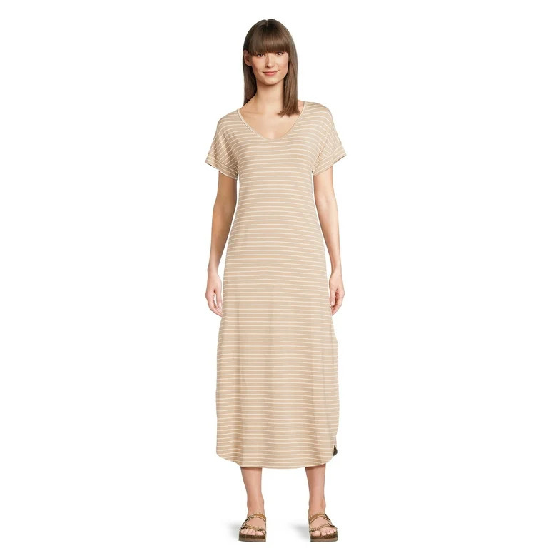 Time and Tru Women's V-Neck Knit Maxi Dress with Short Sleeves, Sizes XS-XXXL | Walmart (US)