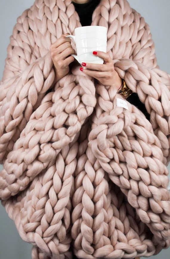 Chunky Knitted Blanket . Misty Rose | Chunky Knit Blanket | Wool Blanket | 100 % Merino Wool | Gi... | Etsy (US)