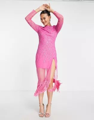Starlet sequin midaxi dress in hot pink with faux feather trim | ASOS (Global)