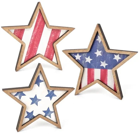 4th of July Decorations Wooden Stars, Patriotic Memorial Day Star Tiered Tray Decor Set of 3, Fourth of July Red White Blue Decoration for Home Office Table Shelf | Walmart (US)
