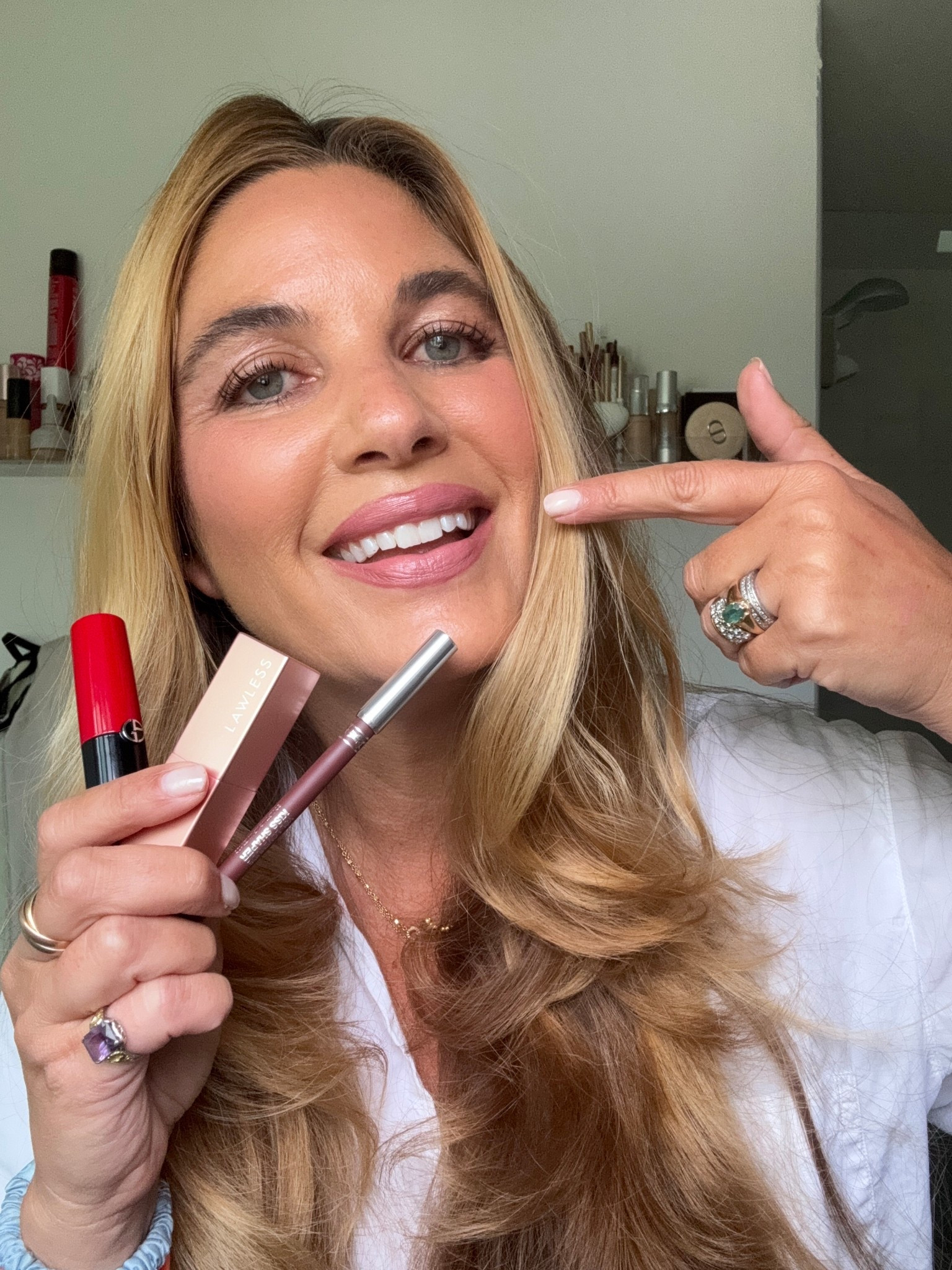 Lip liner: YSL Spicy Smoke 
Lipstick: Armani 503 Eccentrico 
Lipstick: Lawless Platinum 
Hair: Sea Glass + T3 hot rollers 

#LTKBeauty #LTKmorningroutine #LTKdayinmylife