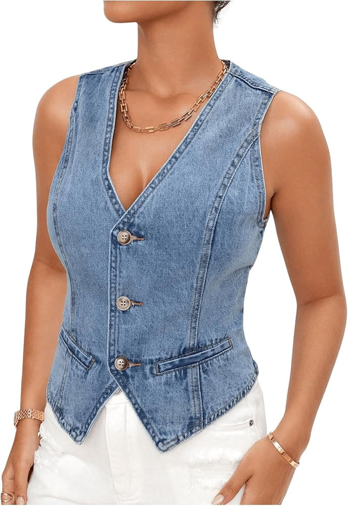 SOLY HUX Women's Denim Vest V Neck Sleeveless Button Down Y2k Trendy Jean Jacket | Amazon (CA)