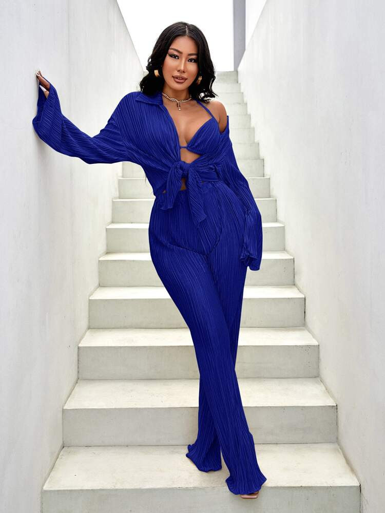 SHEIN SXY Button Front Lettuce Trim Shirt & Flare Leg Pants With Bra | SHEIN