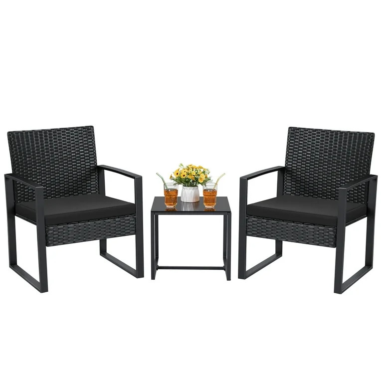 Lacoo 3 Pieces Patio Conversation Set PE Rattan Bistro Chairs Set of 2 with Coffee Table, Black | Walmart (US)