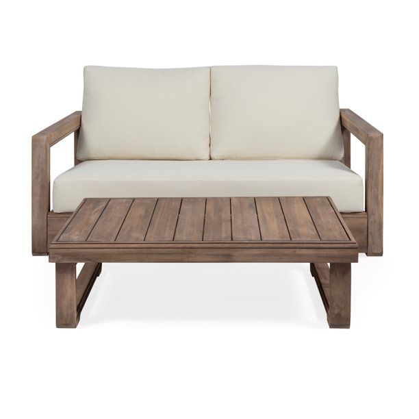 Woven Paths Kashton Outdoor Acacia Wood Loveseat Set with Coffee Table, Brown/Beige | Walmart (US)