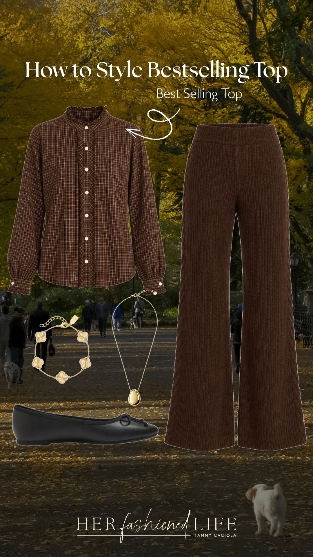 Our bestselling top styled with cozy brown pants and ballet flats for a casual fall look. 🤎