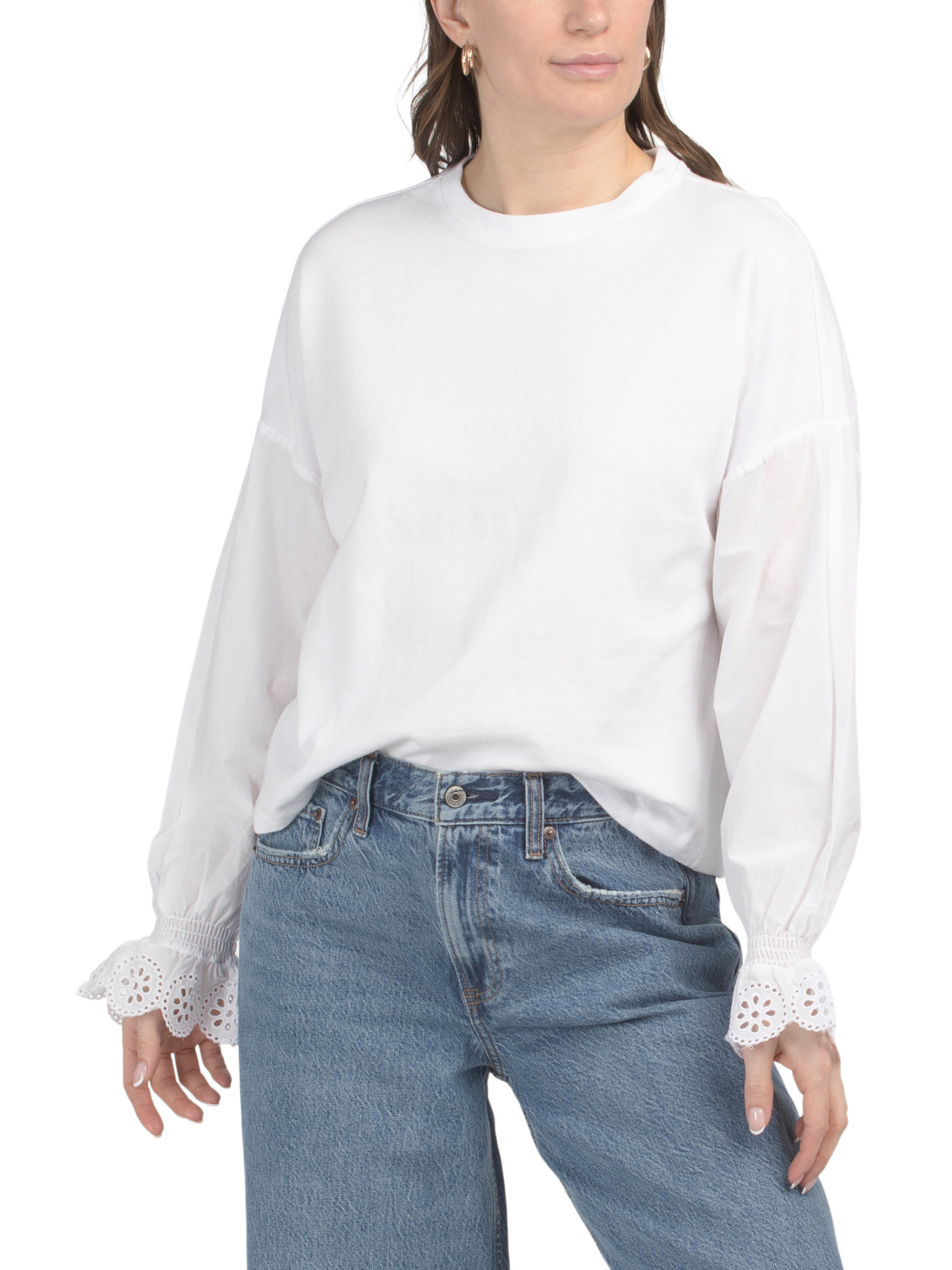 Cotton Top With Eyelet Cuffs | Long Sleeve Tops | Marshalls | Marshalls