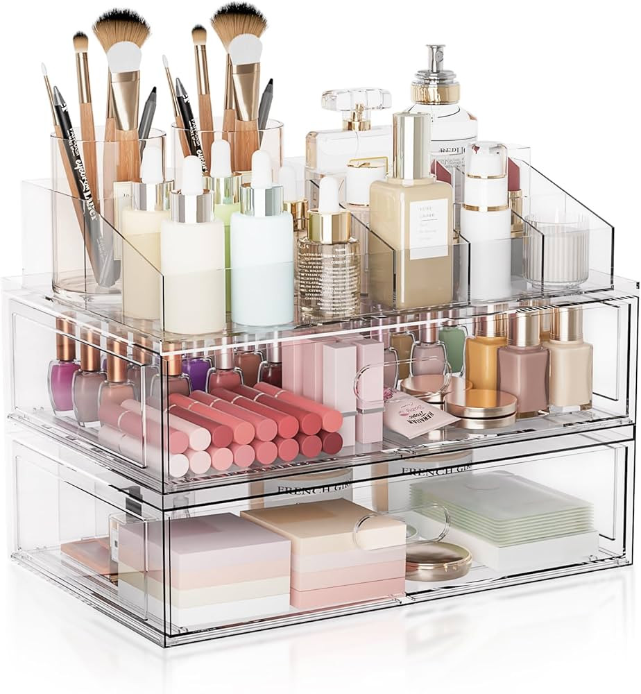 Clear Stackable Makeup Organizer with Drawer, 12''W Acrylic Storage Drawers, Cosmetic Display Cas... | Amazon (US)