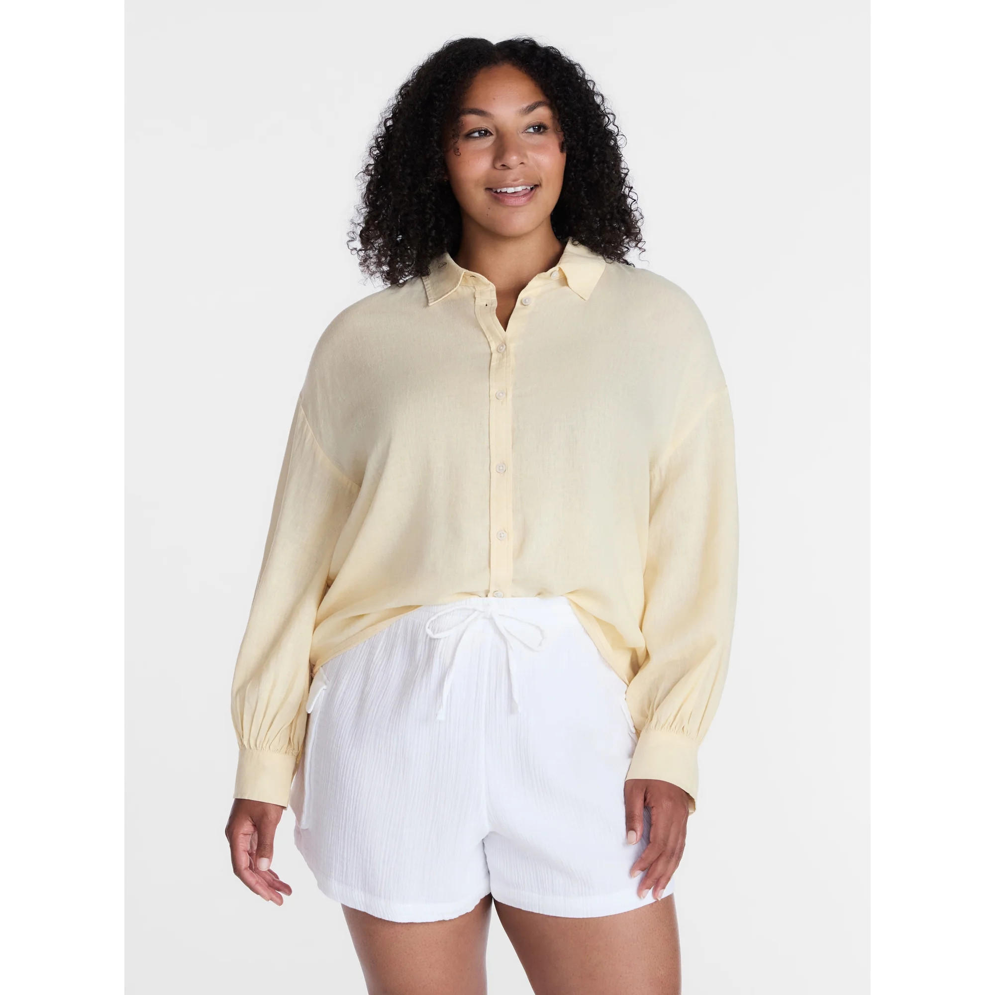 Time and Tru Women's Linen Blend Button Front Cropped Top with Long Sleeves, Sizes XS-XXXL | Walmart (US)