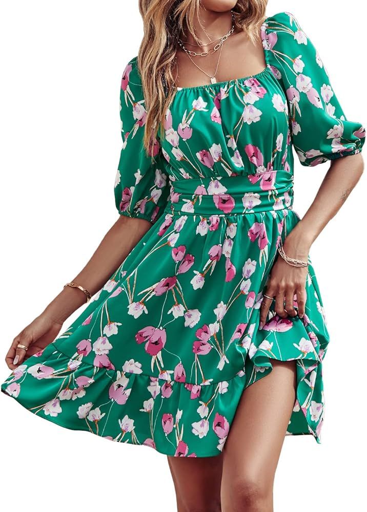 BTFBM Women Square Neck Short Lantern Sleeve Casual Dress Tie Back Floral Summer Beach High Waist Ru | Amazon (US)